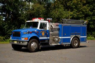 blue and white fire truck
