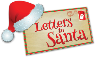 Santa hat on the corner of an envelope saying letters to santa