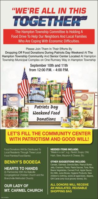 boxed and canned foods for a food drive on September 10 and 11 from 12pm- to 4pm