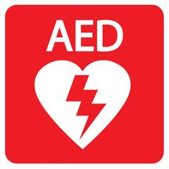 AED written in white on a read background with a white head and lightning bolt