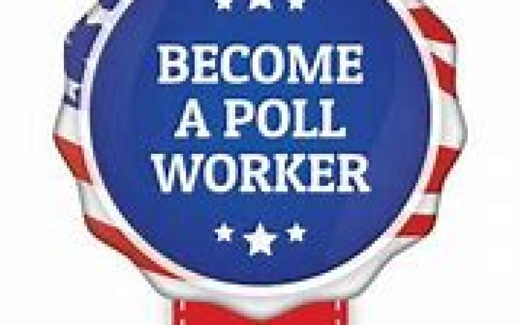 a blue and red ribbon saying become a poll worker
