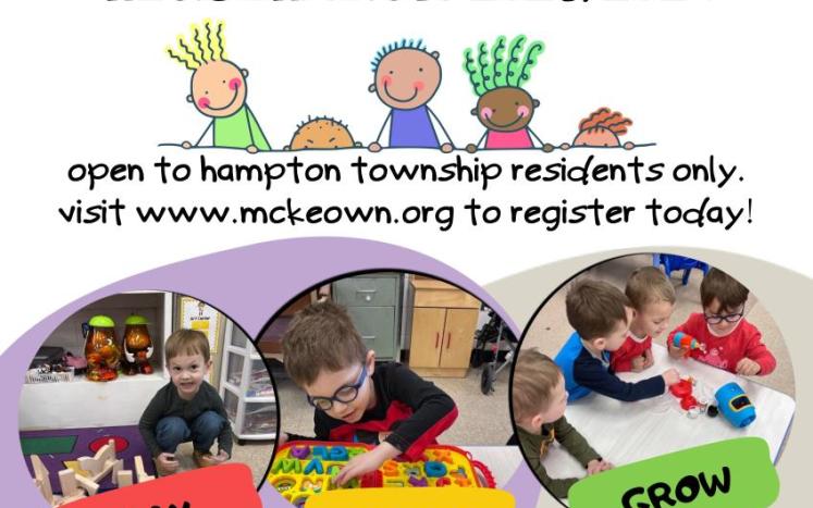 McKeown Preschool Registration for school year 2023-2024 with a picture of pencil and kids writing and reading