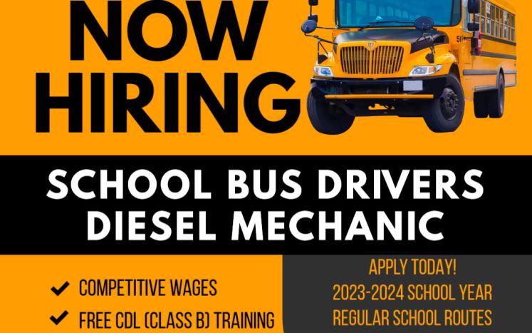flyer with school bus now hiring for school bus drivers